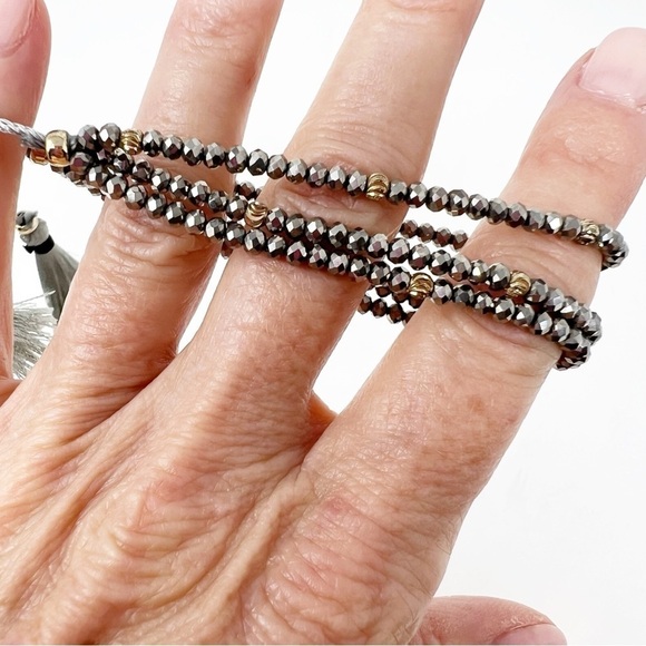 SILVER BEADED MULTI STRAND ADJUSTABLE BOHO BRACELET WITH TASSLES - Picture 5 of 5